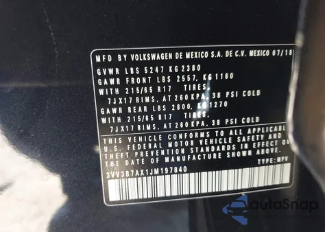 2018 Volkswagen Tiguan 2.0T Se/2.0T Sel из США, поврежденный, VIN 3VV3B7AX1JM197840